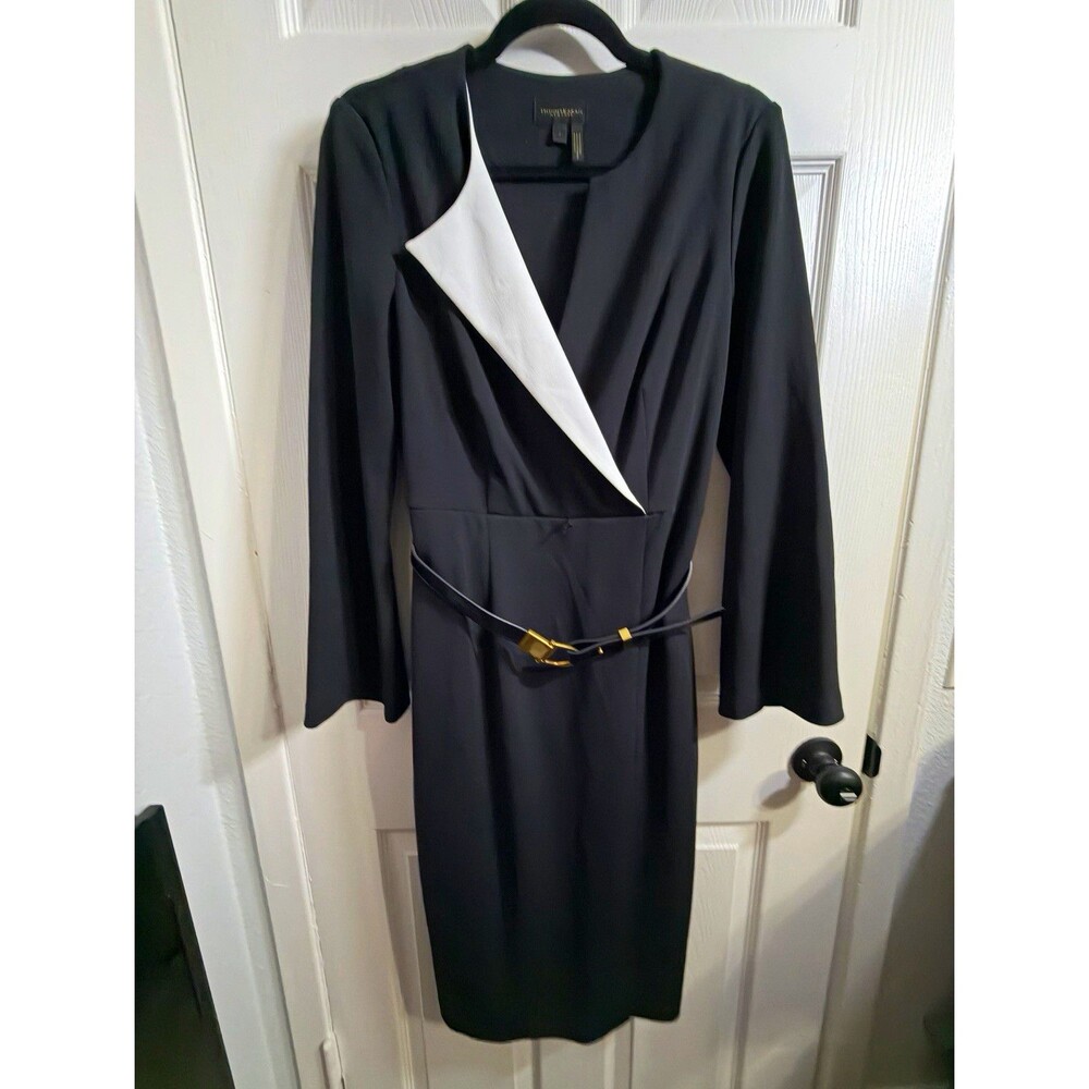 Donna Karan New York Dress Size 4 Black White Colorblock Belted Midi Sheath